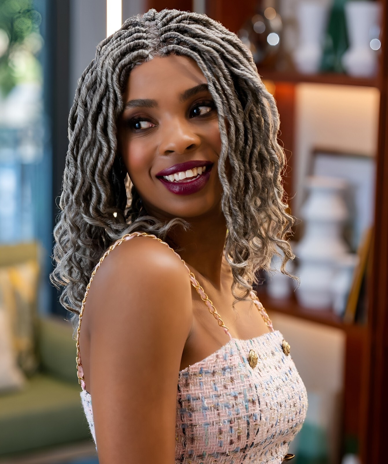 LUXLUXE Andrea 4×4 Curly Long 4X4 Hand Tied Lace Braid Grey Wig