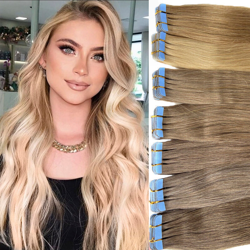 100%Human Hair Extensions Tape-in Skin Weft Remy Hair Full Head Highlight Blonde