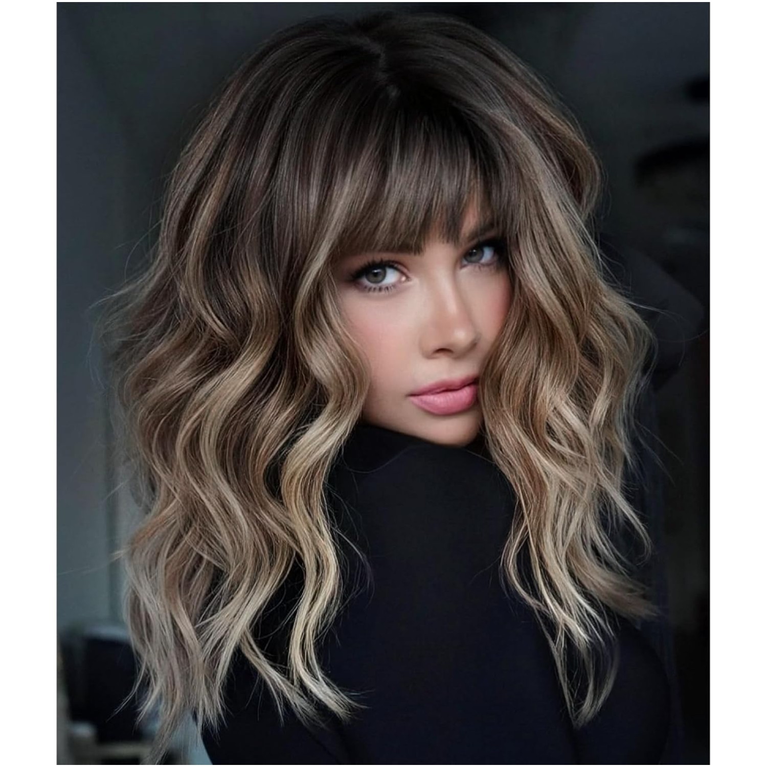 Modern Brown Shoulder-Length Curly Wig with Bangs – Versatile & All-Day Comfort