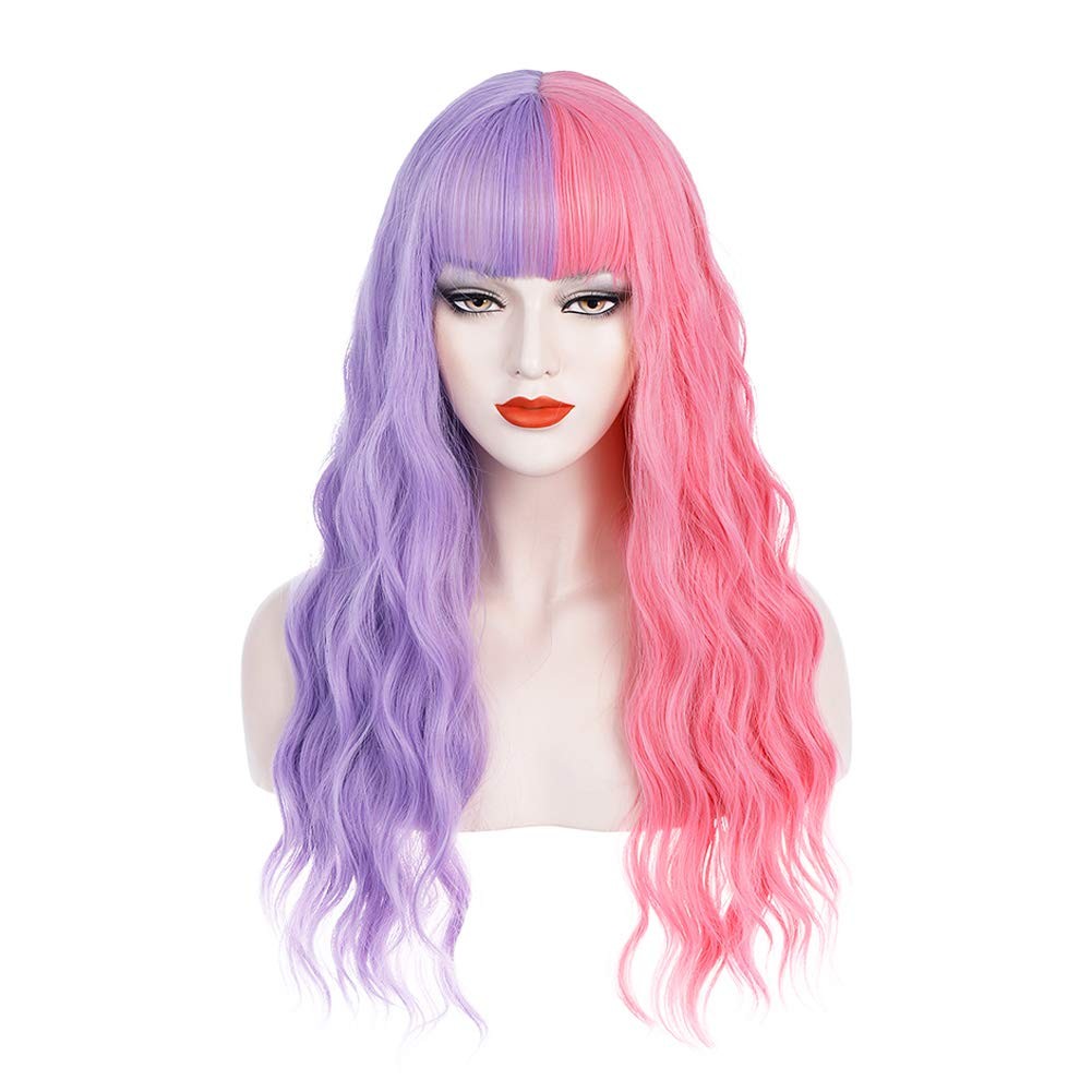 Purple and Pink Wig Long Curly Wig with Bangs Half Color Wigs for Women Girls…