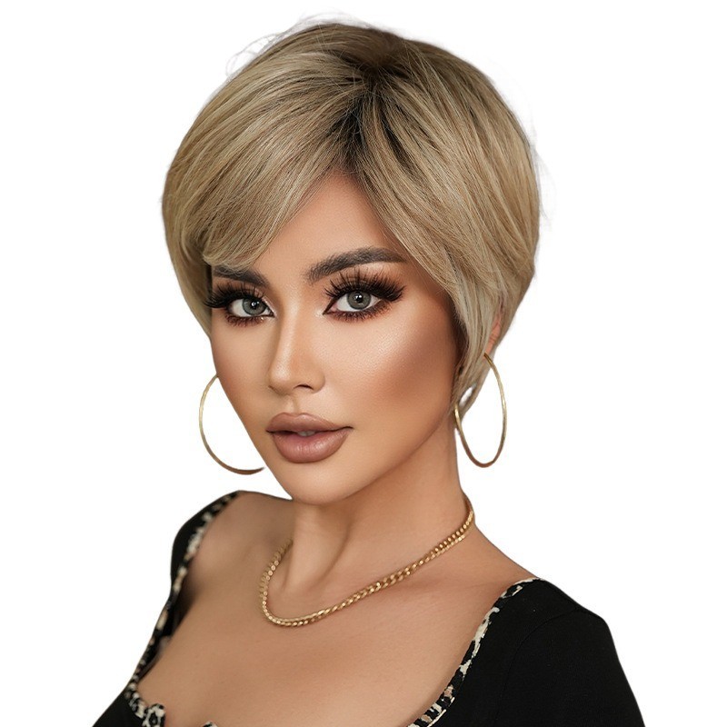 Short-haired mother with beige side-swept synthetic matte hair strands
