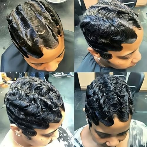 Short Black Human Hair Wig for Women – Ocean Finger Wave Pixie Cut, Glueless, Da
