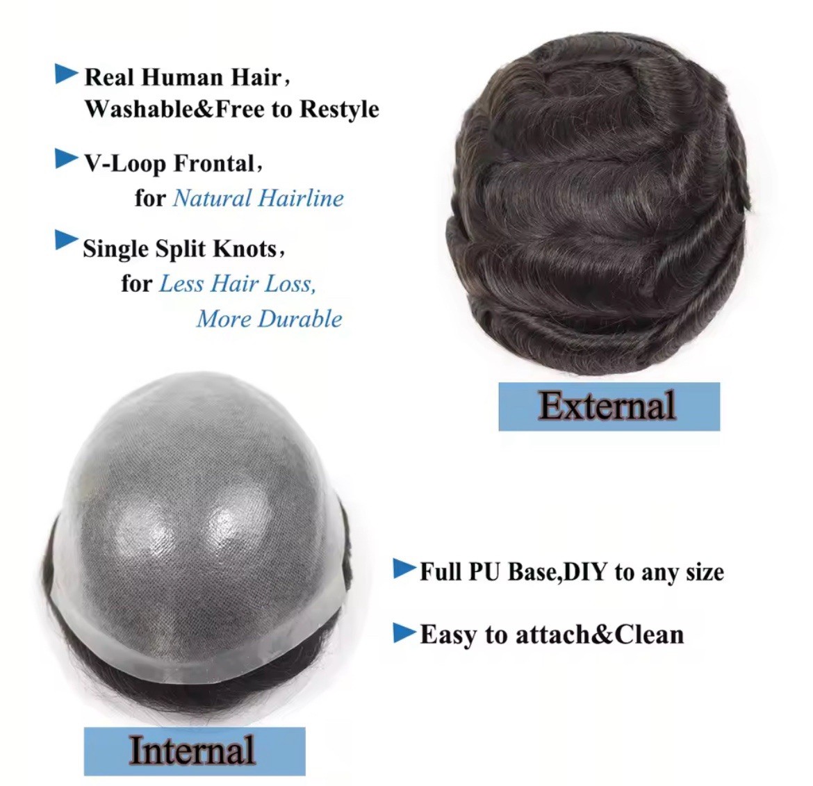 Men’s Human Hair Toupee Hairpiece Full PU Base V-Loop Wavy 8x10in
