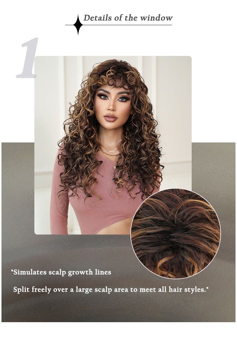Brown Honey golden curly springy curly long hair with bangs synthetic fibers