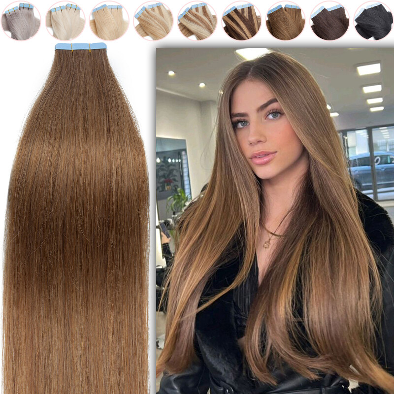 Glue Tape In Russian Human Hair Extensions Skin Weft 100% Remy Long Brown Hair