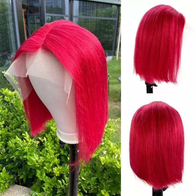 10Inch 13x4x1 T Closure Lace Front Bob Pure Human Hair Wig Straight Red/pink