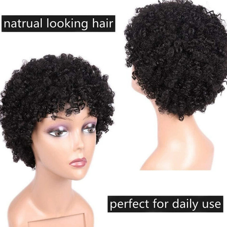 Pixie Cut Human Hair Wigs Afro Kinky Curly Black Wigs Full Machine Made Wig