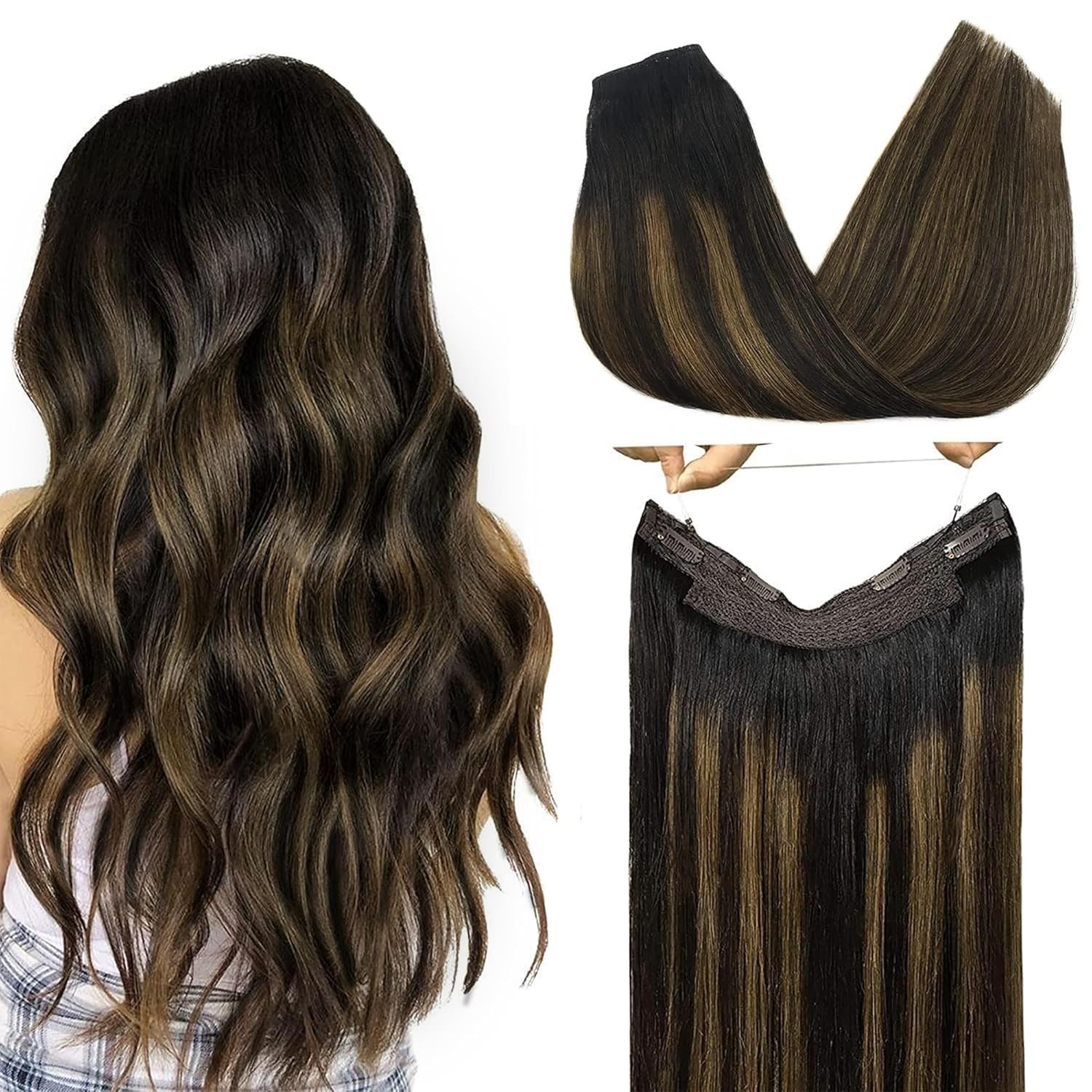 GOO GOO Wire Hair Extensions Human Hair 16in 125g Balayage Black Brown Invisible