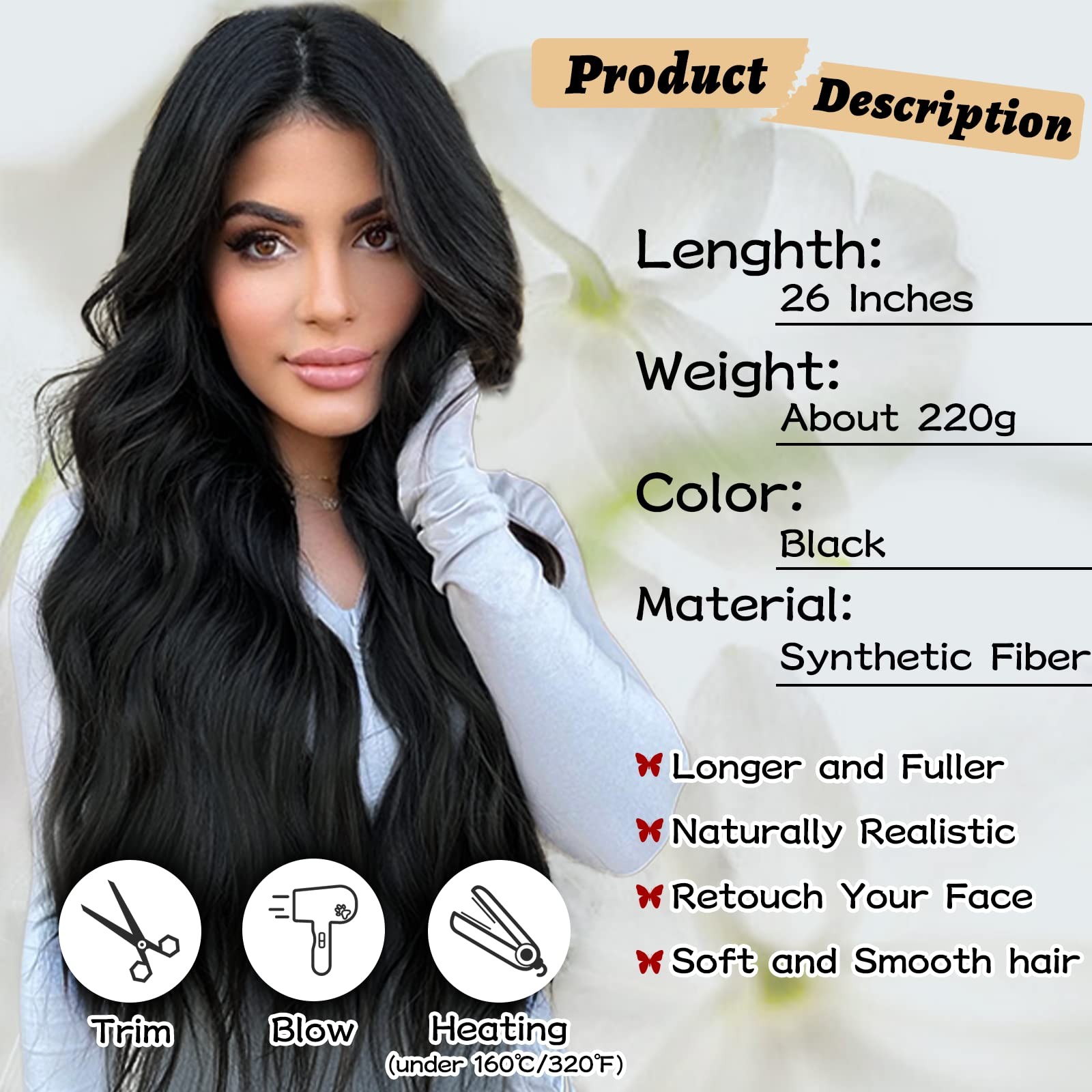 Long Wavy Wigs for Women Nature Black Middle Part Wig Synthetic Heat Resistan…