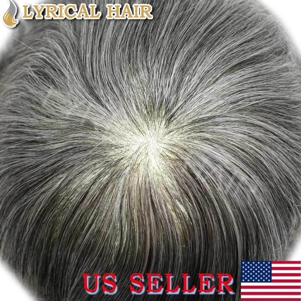 Mens Toupee Thin Skin Human Hair System V-looped PU Invisible Hairpiece Grey Wig