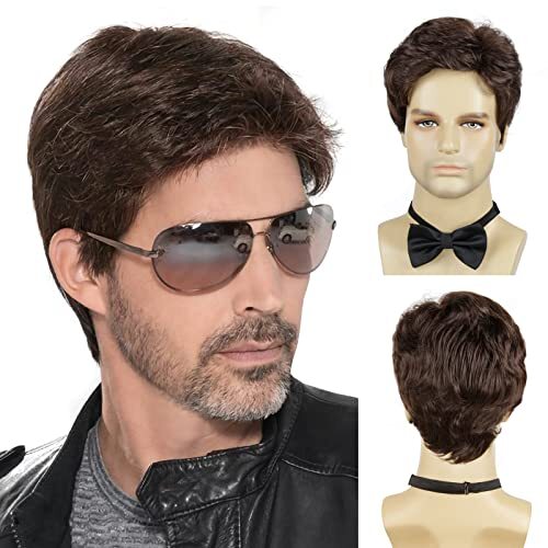 Men’s Short Fluffy Brown Wig Synthetic Heat Resistant for Male Guy Eve…