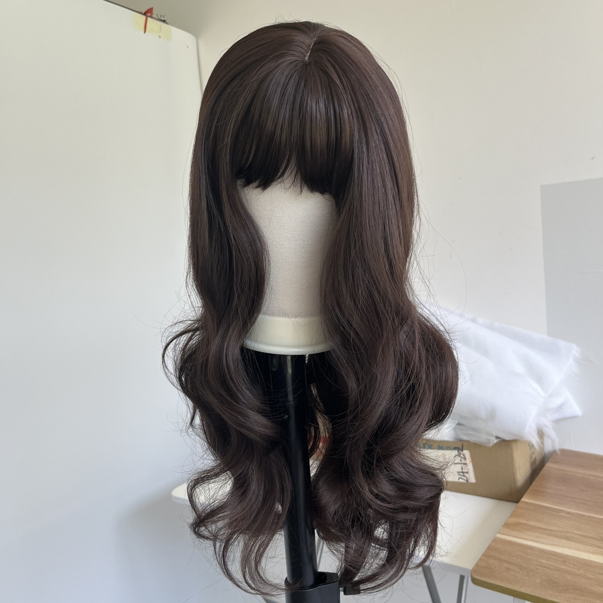 Heat Resistant Hair Cosplay Party Wig With Fringe Long Wavy Choc Brown