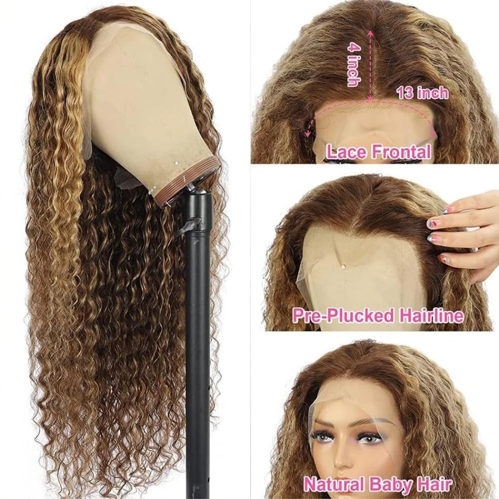 30″ Honey Blonde Deep Wave Lace Front Wig – 200 Density Ombre Human Hair for Wom