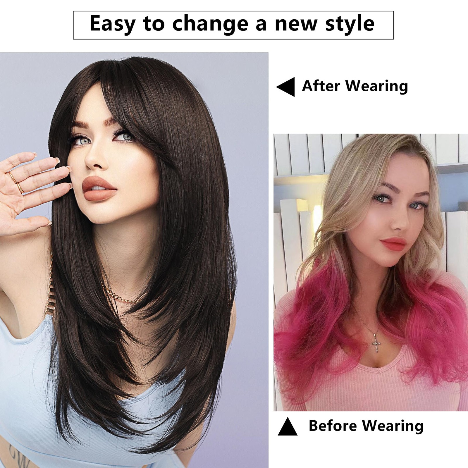 Long Natural Black Wig with Bangs Straight Wigs for Women,Heat Resistant Laye…