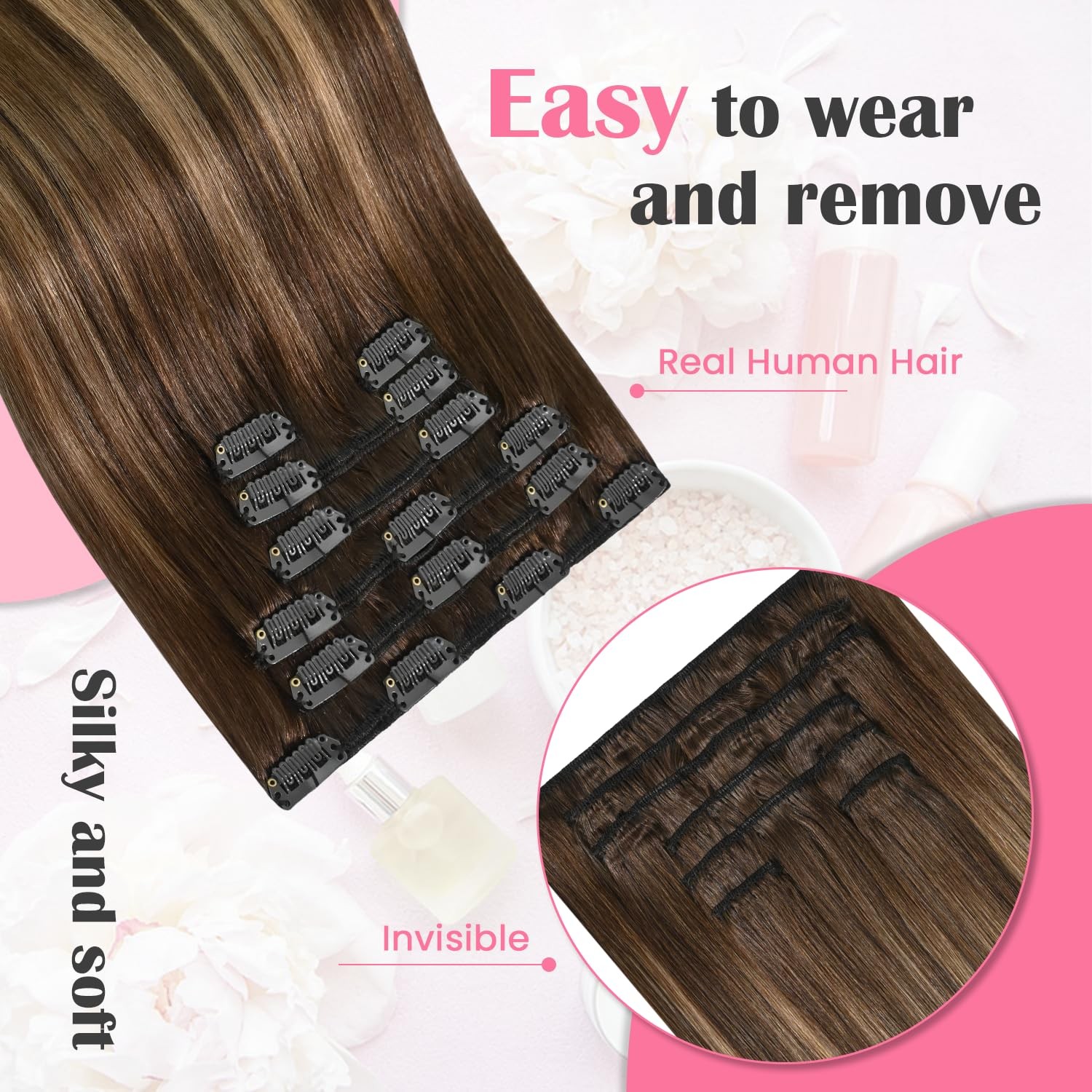 Aison Caramel Clip in Hair Extensions Real Human Hair 70G, 7 Piece, 12″