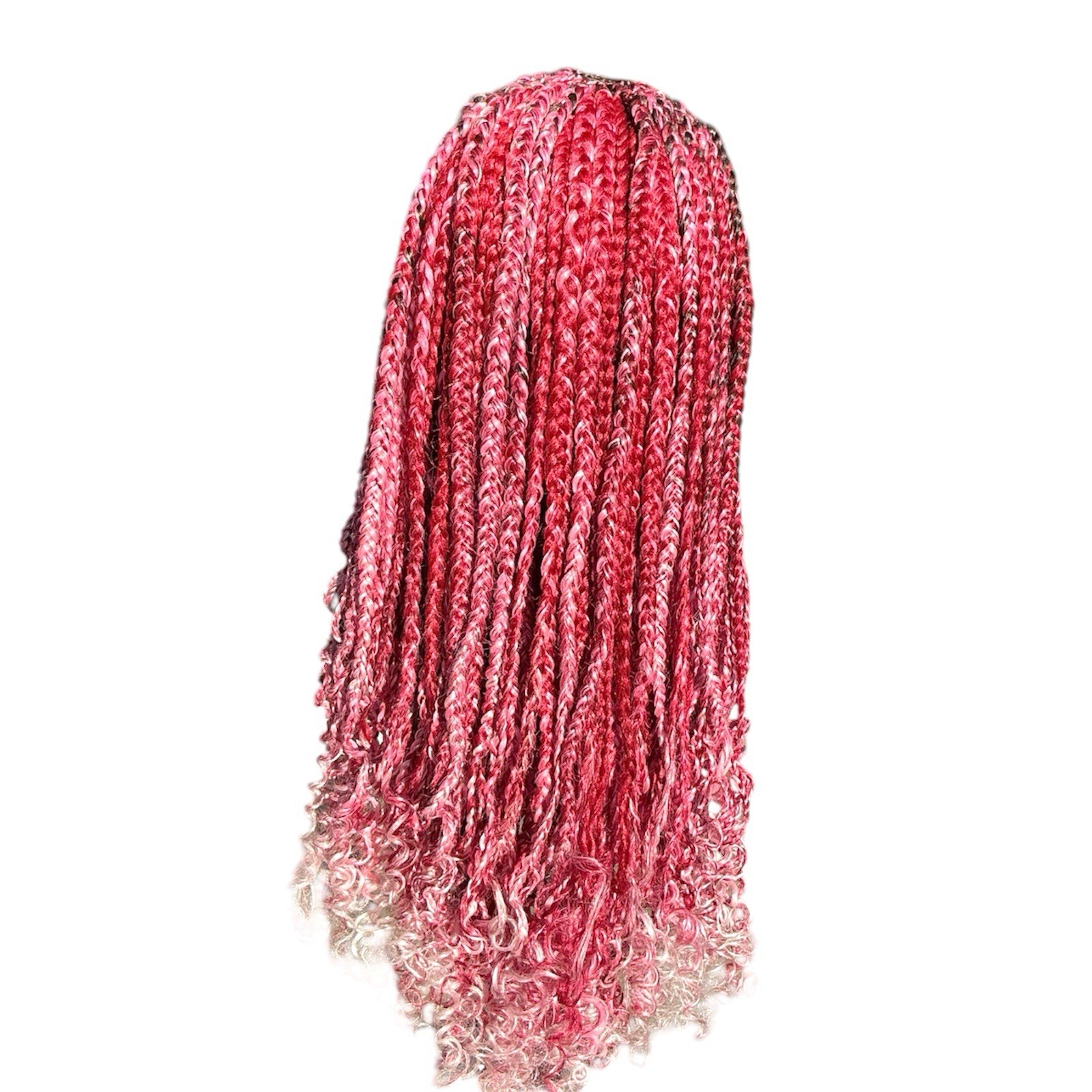Handmade 4×4 Lace Cornrow Box Braided Wig Burgundy Pink Curly Ends