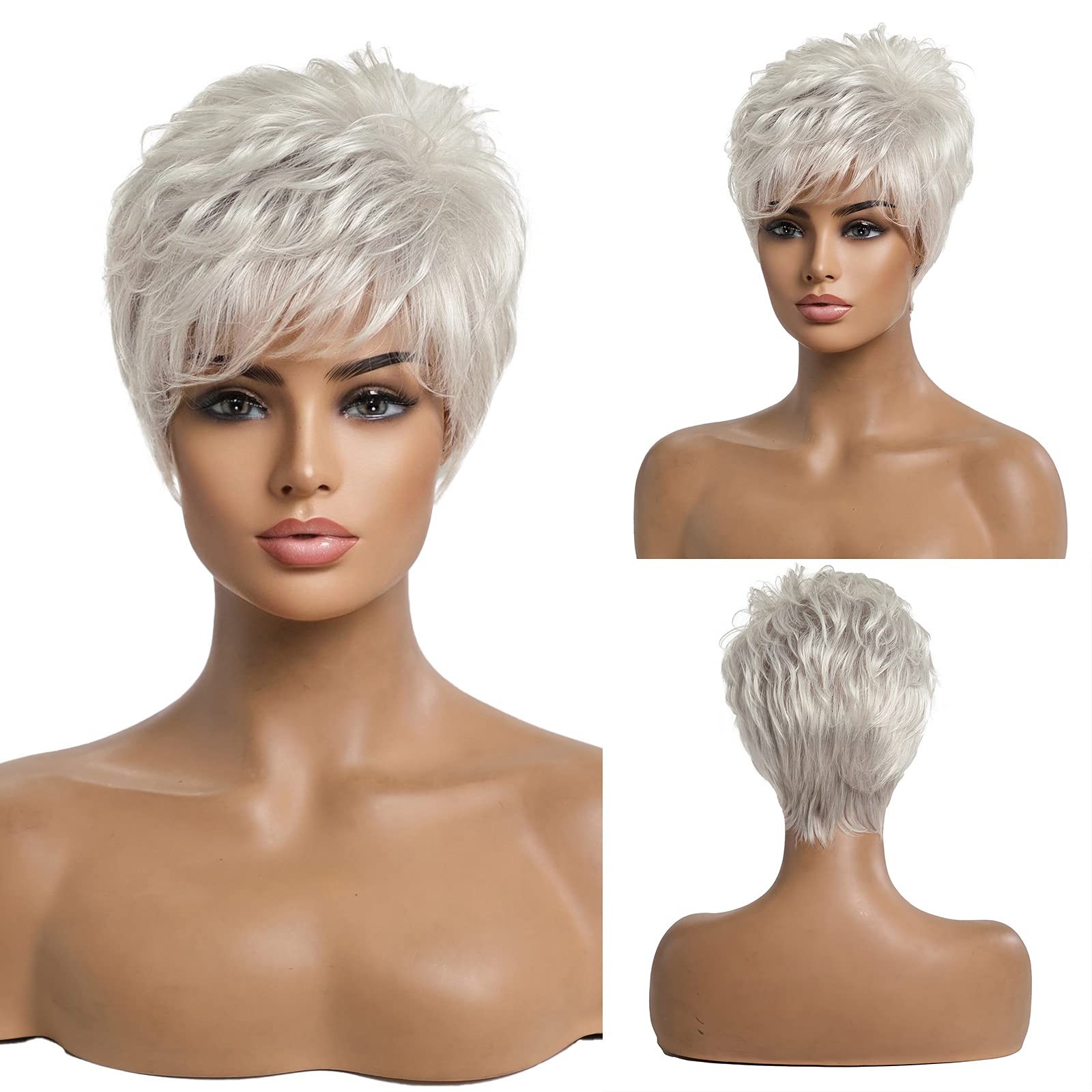 EMMOR Short Silver Grey Human Hair Wigs for Women Blend Pixie Cut Wig With Ba