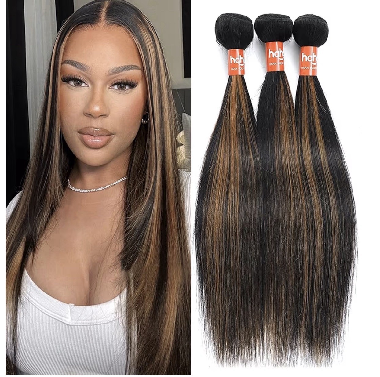 hah Straight Black Golden Brown Human Hair Weft Extensions, Heat Resistant, 3pcs