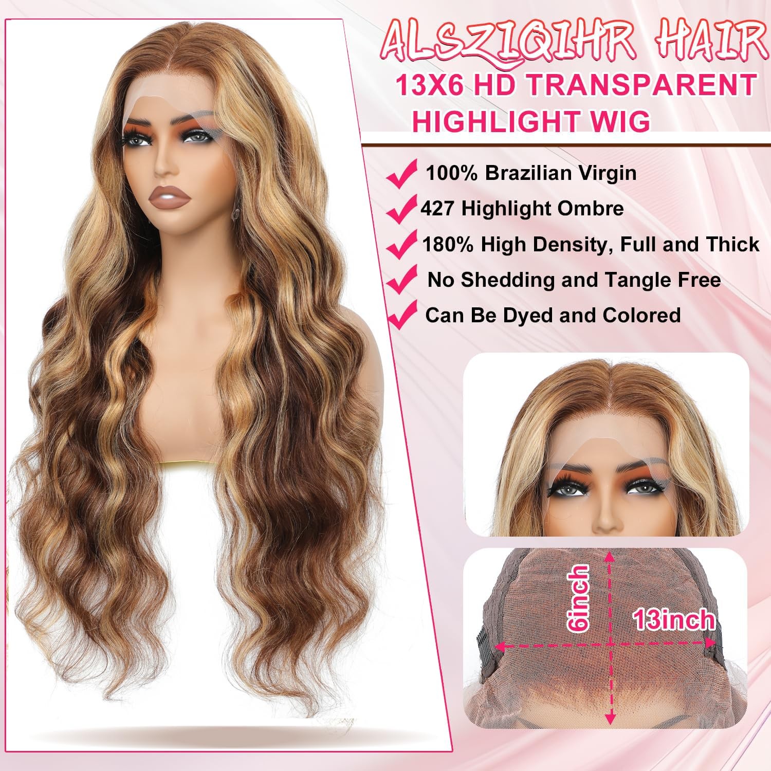 ALSZIQIHR 4/27 Highlight 13×6 Lace Front Wigs Human Hair Ombre Body Wave HD L…