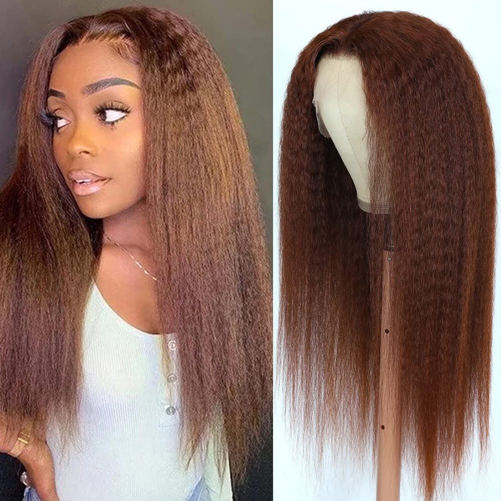 Kinky Straight Brown Hair Blonde Highlights Lace Front Wigs Glueless Natural Wig