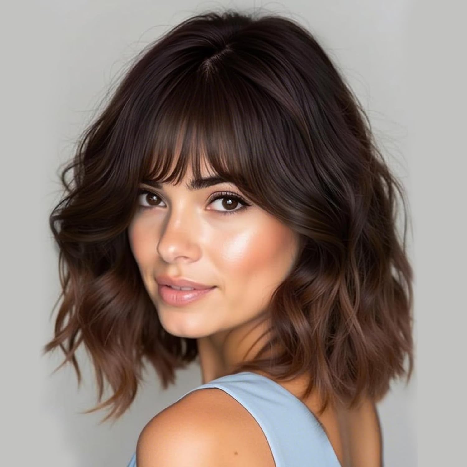 14inch Short Wavy Curly Bob Wig with Bangs Synthetic Hair for Women Black Brown