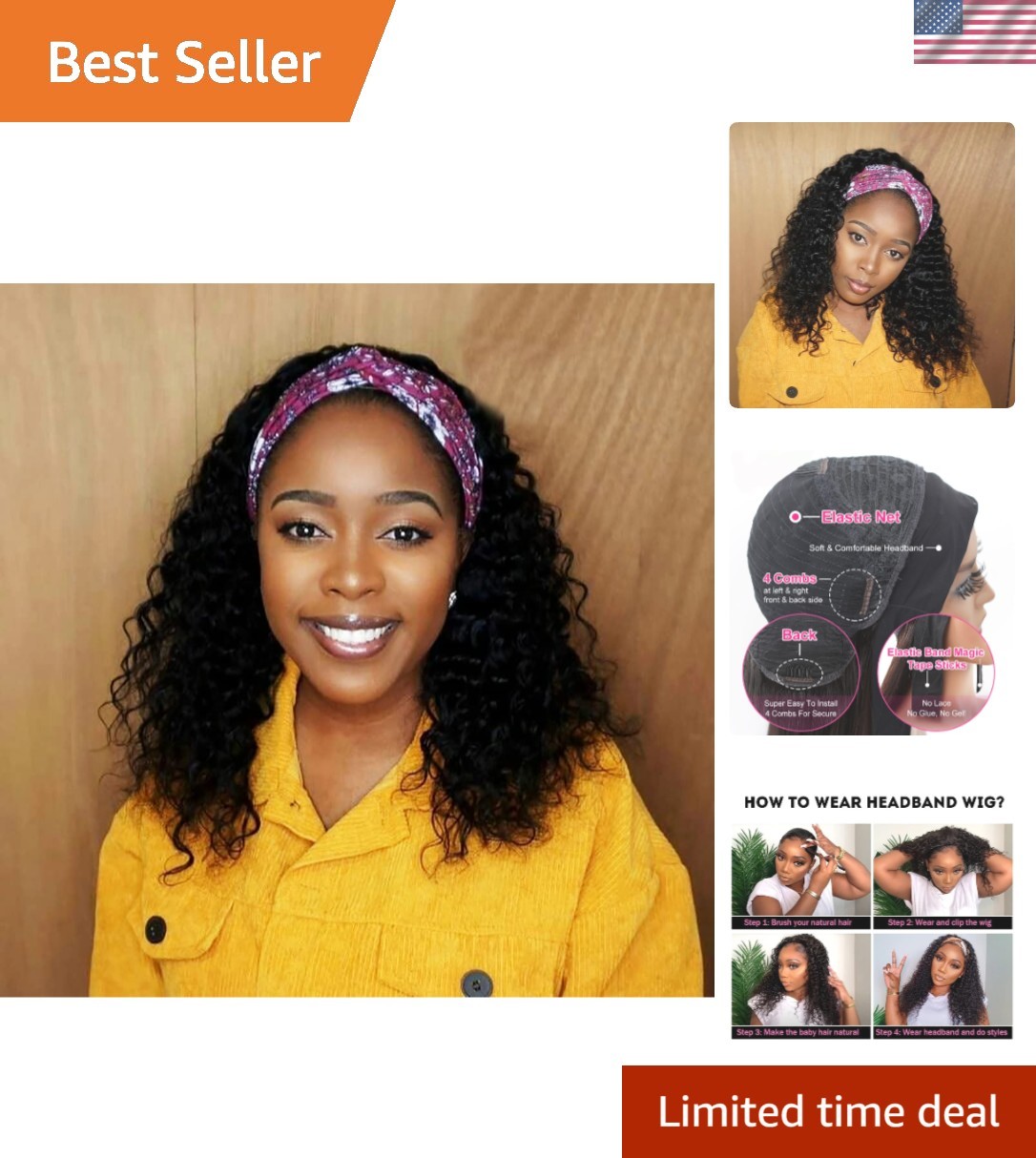 Headband Wig Human Hair Deep Wave 14 inch None Lace Front Machine Made Half W…