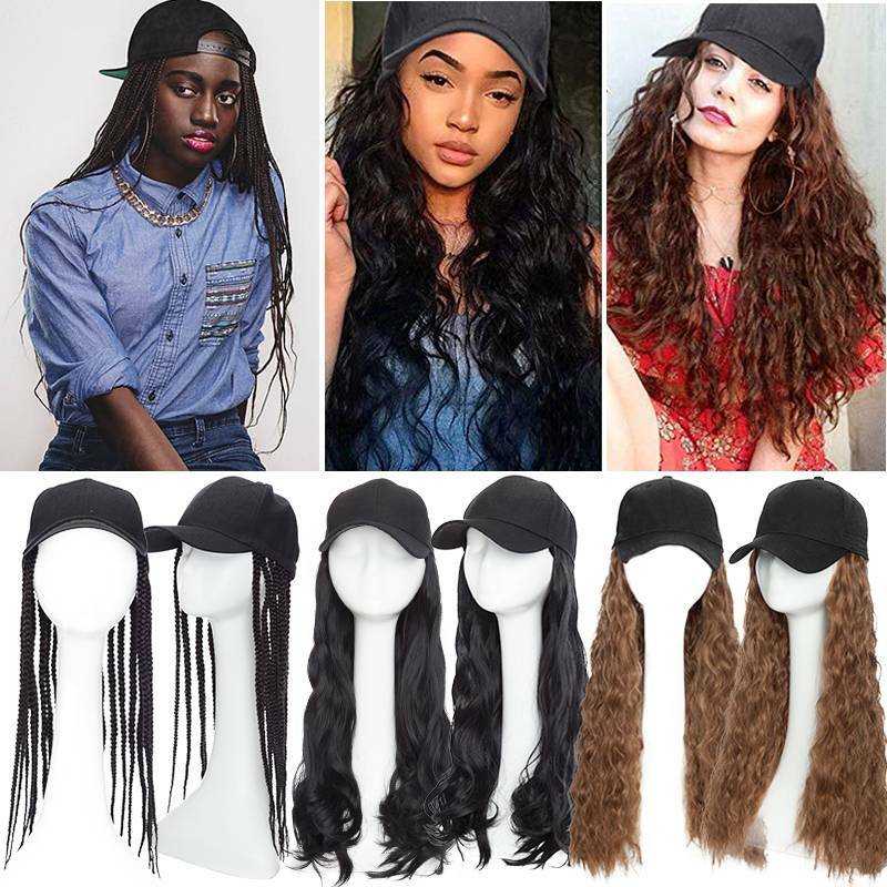 US Women Baseball Cap with Synthetic Wig Long Wavy Full Wigs Hat for Natural Use
