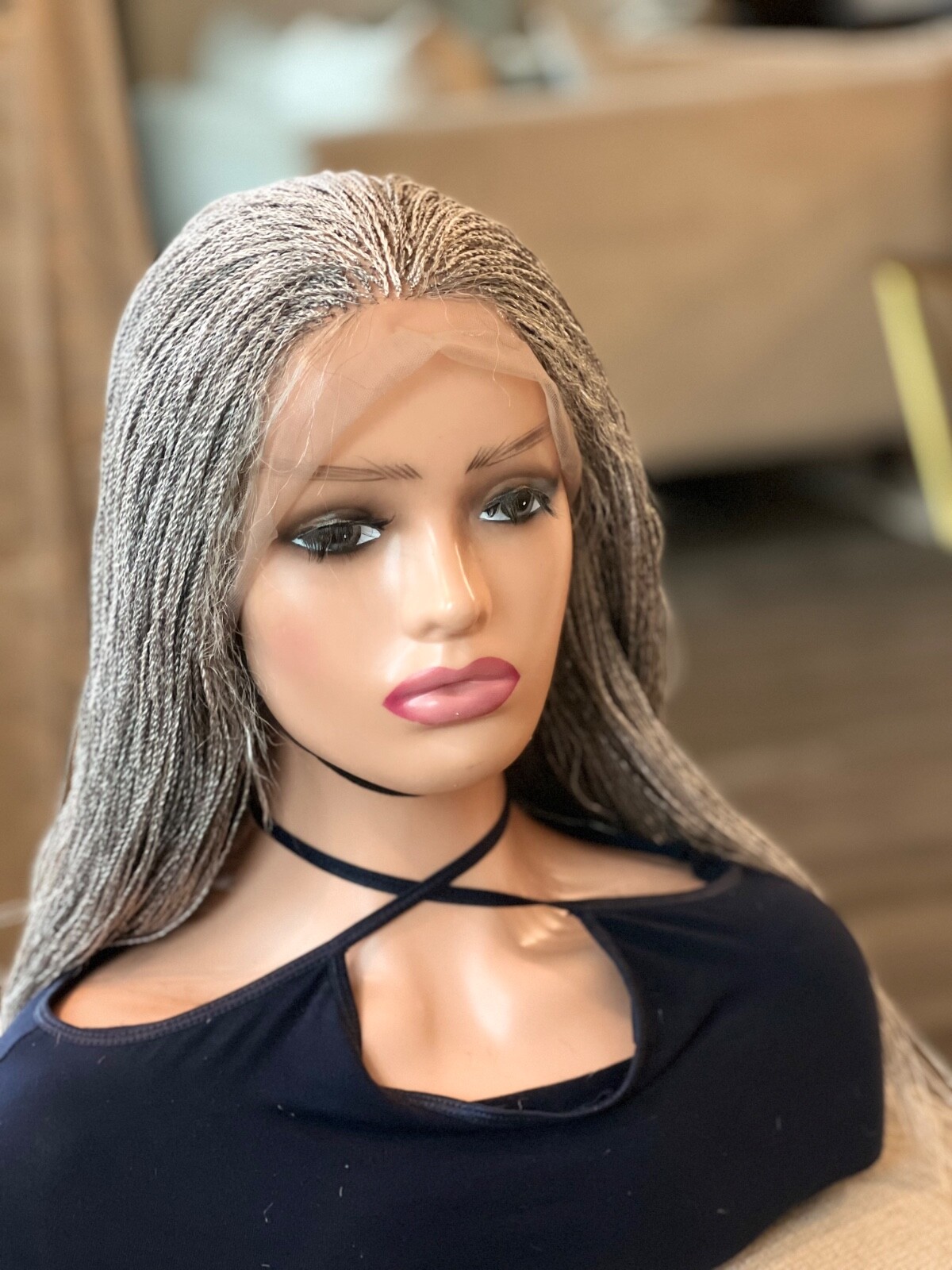 BRAIDED MICRO TWIST WIG . Made on a full lace wig.length is 24”long.gray wig