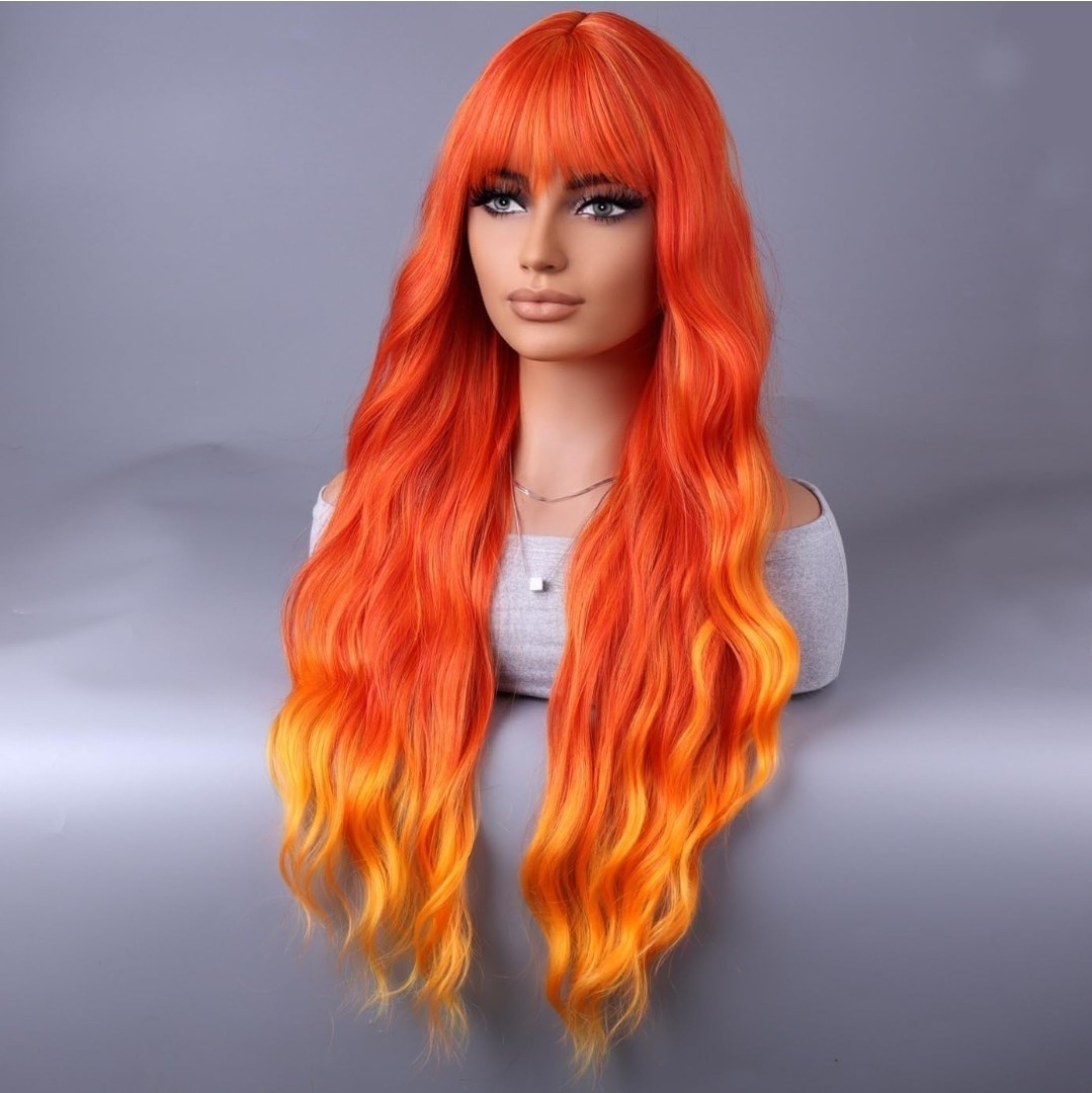 Long Wavy Wig Orange Ginger Yellow Balayage Wig Bangs Halloween long 28 Inch