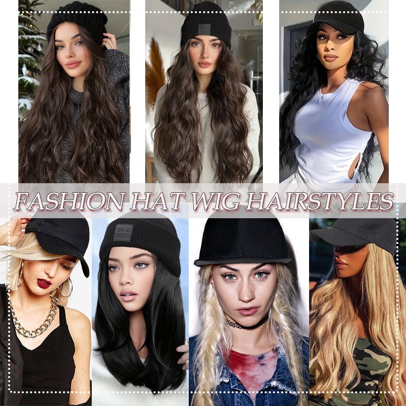 8 In Hat Wig With Hair Attached For Women Black White Brown Baseball Beanie Cap
