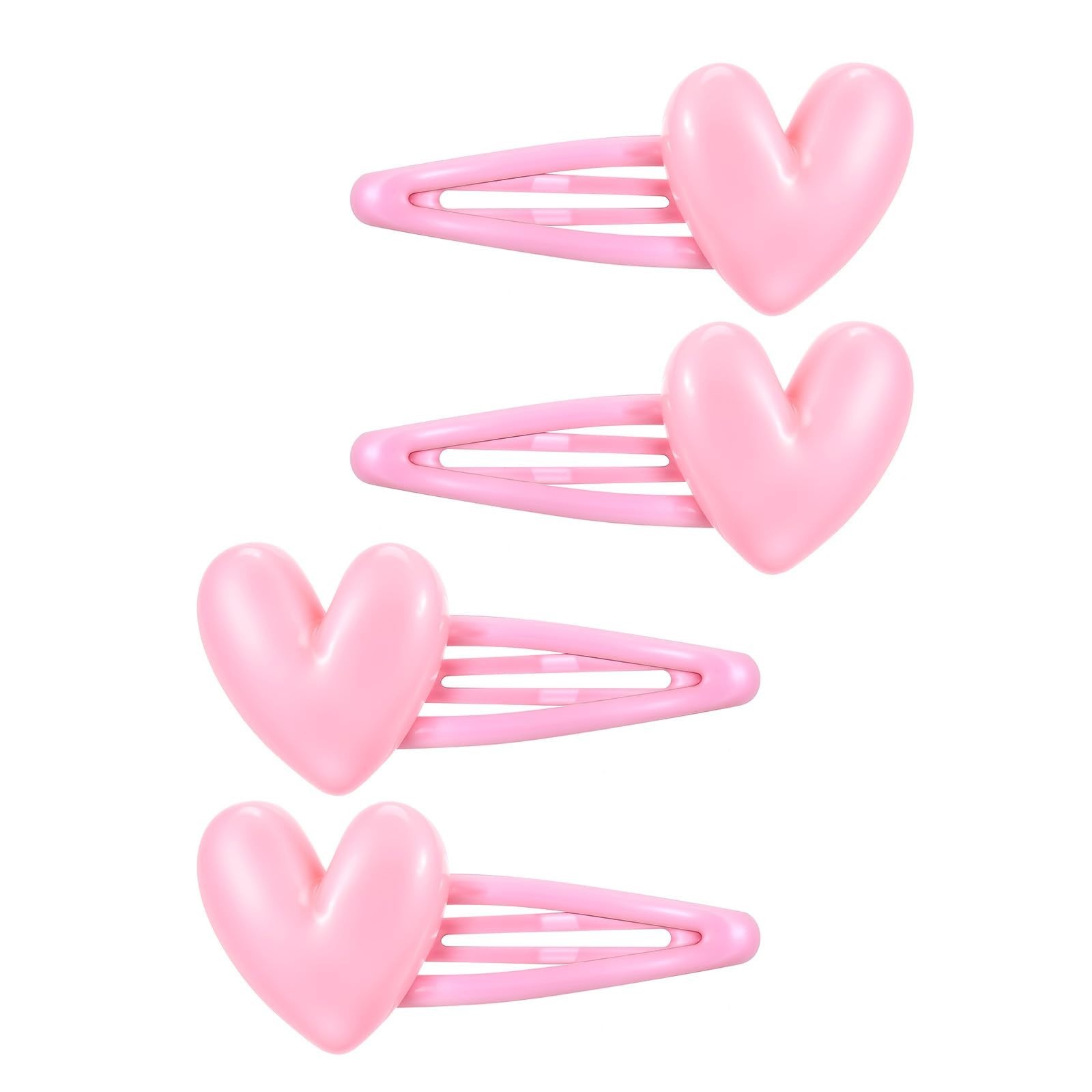 4 Pcs 2.28inch Snap Pink Heart Hair Clips Pins Accessory Metal Snap Clip Hear…