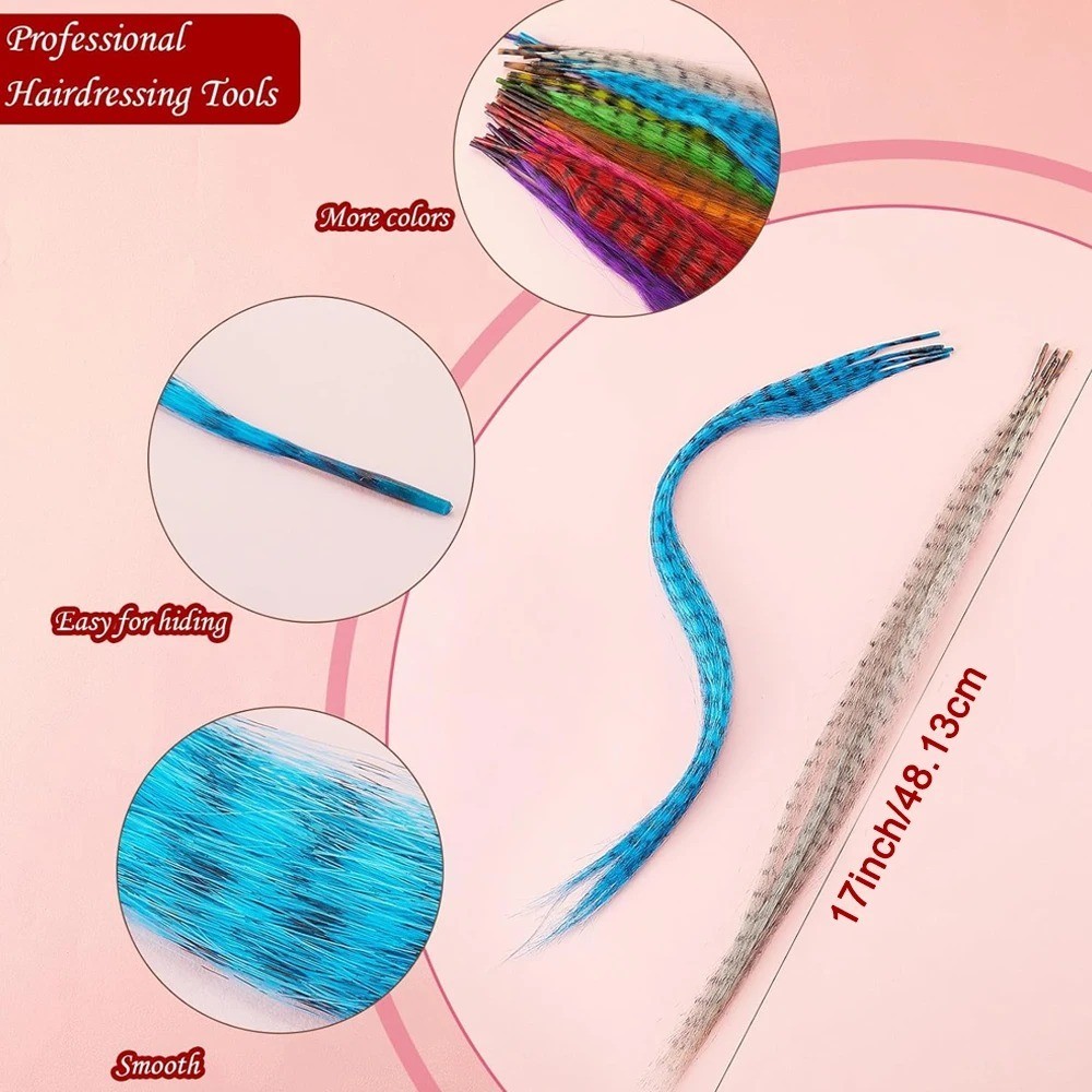 50pcs Grizzly Synthetic Feather Straight Hair Extensions 40cm With 100 Beads Set