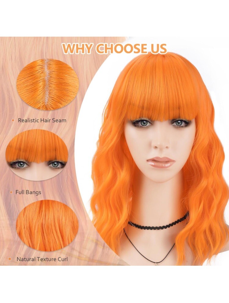 Orange Hair w/Bangs Wig Hair Net Clips Fashion Cosplay Adjustable Sz Halloween