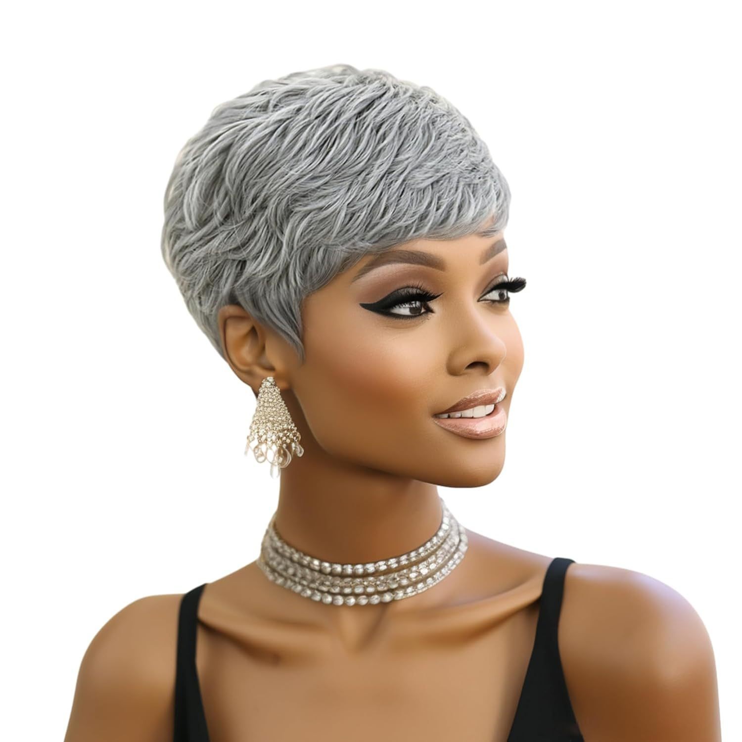 2″ Short Gray Pixie Wig Human Hair No Lace Mechanized Full Cap Wig
