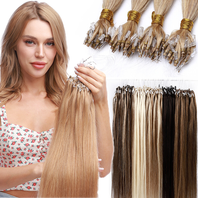 200PCS Micro Loop Ring Bead 100% Remy Human Hair Extensions Full Head THICK
