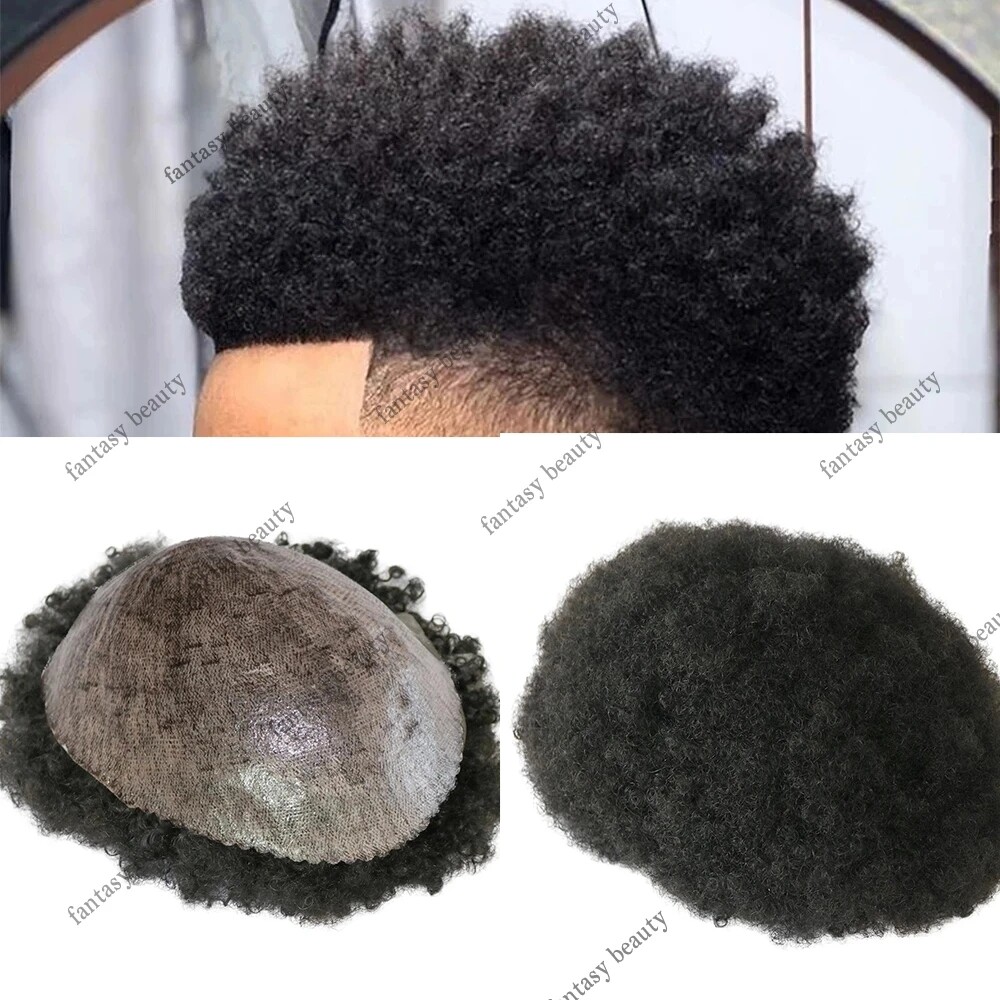Afro Curl Mens Toupee Full Poly Skin Pu Black Man Wig Hair System Replacement
