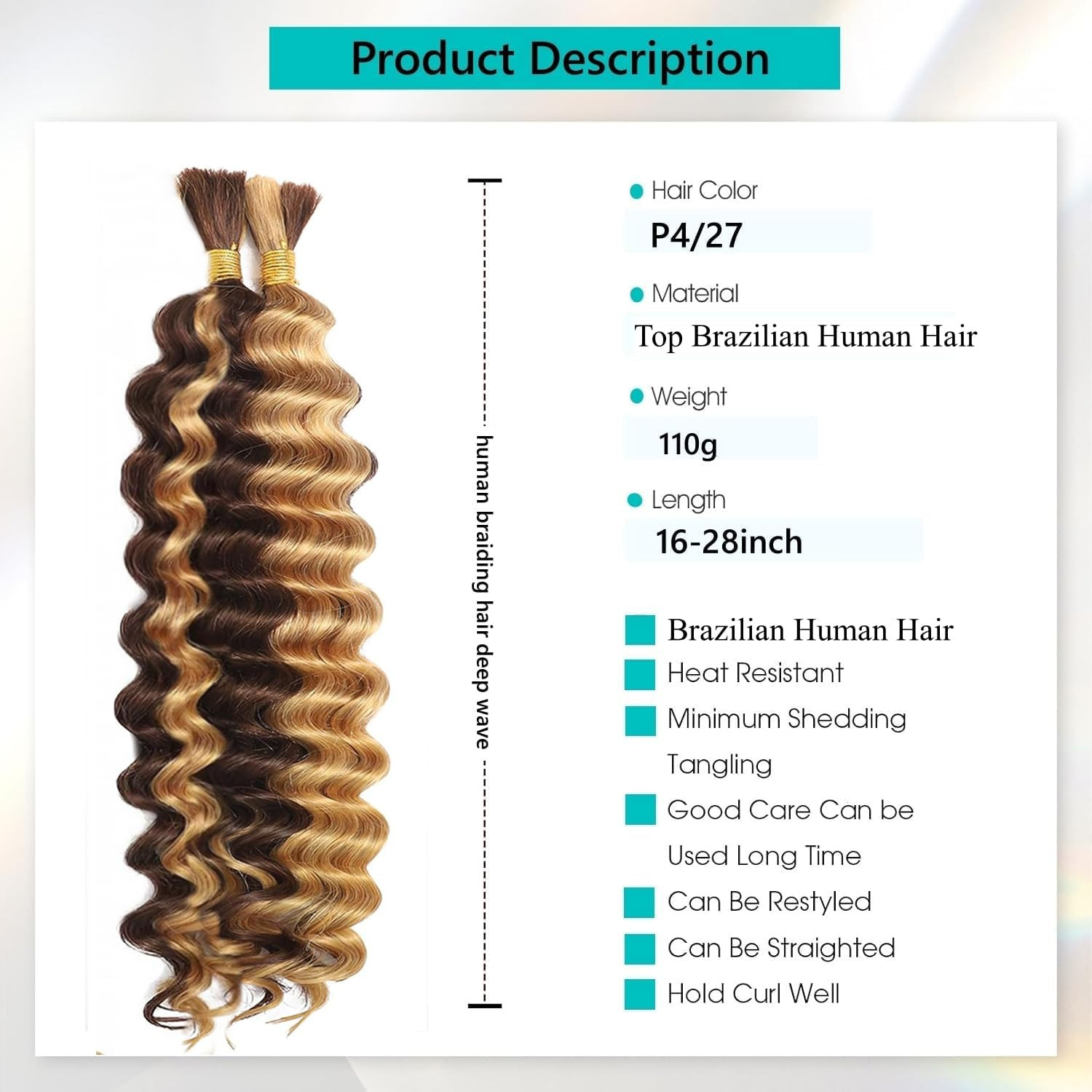 Human Braiding Hair for Boho Braids 4/27 Highlight Ombre Deep Wave Bulk Human Ha