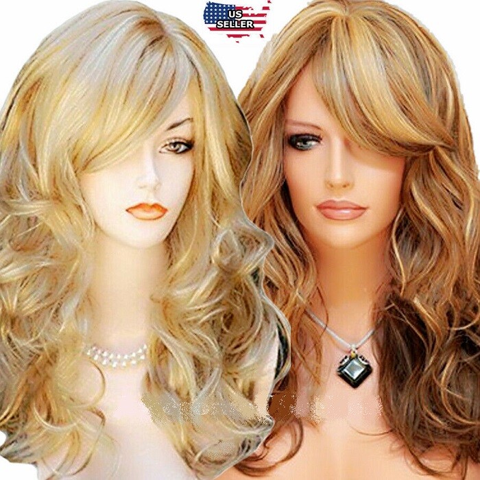 Long Natural Wavy Ombre Brown Blonde Wigs with Bangs for Women Daily Use Hair US