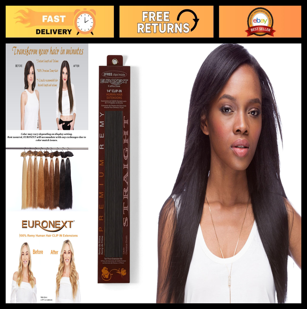 100% Remy Human Hair Clip-In Extensions, 14″ Straight & Curly, Black Color