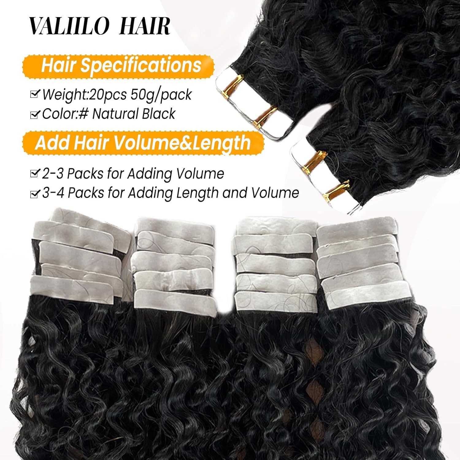 Valiilo Tape In Hair Extensions Jerry Curly 20 Pieces 50G 24 Inch Natural Black