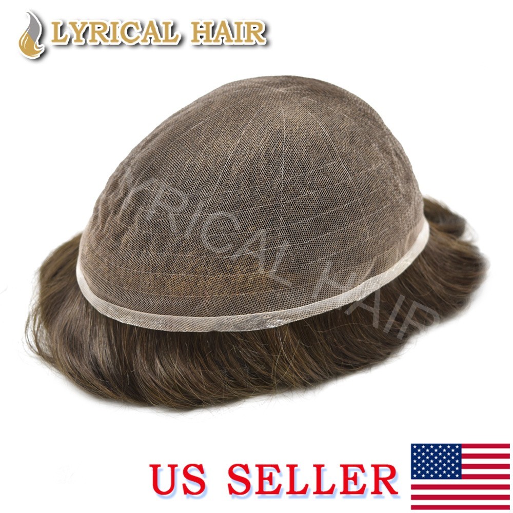 Full French Lace Mens Toupee Bleached Knots Gray Natural Human Hairpiece System