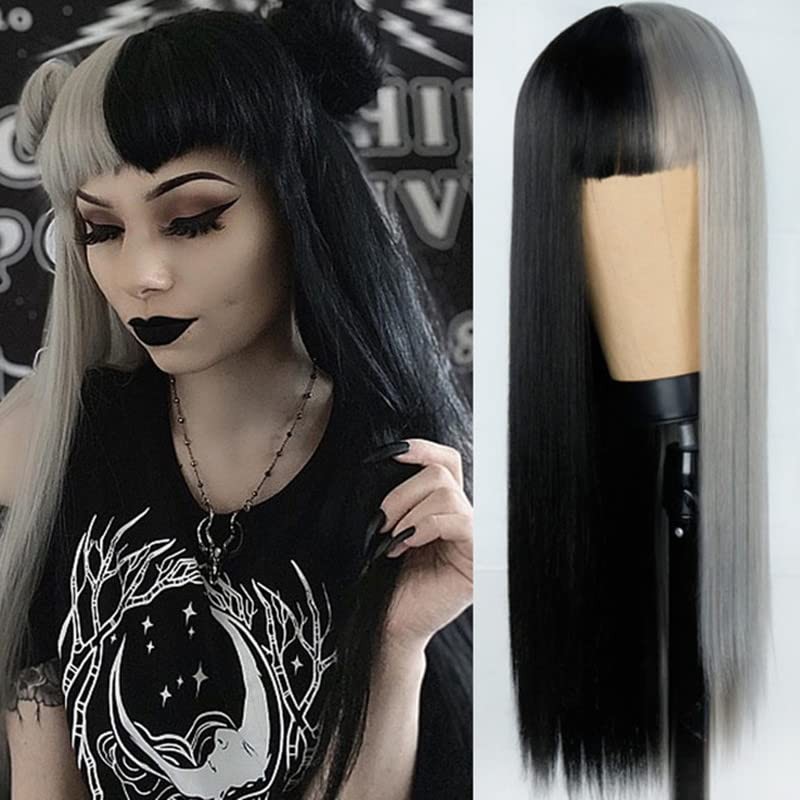 Grey and Black Long Straight Women Wigs with Bangs Hair Natural Synthetic Wig…