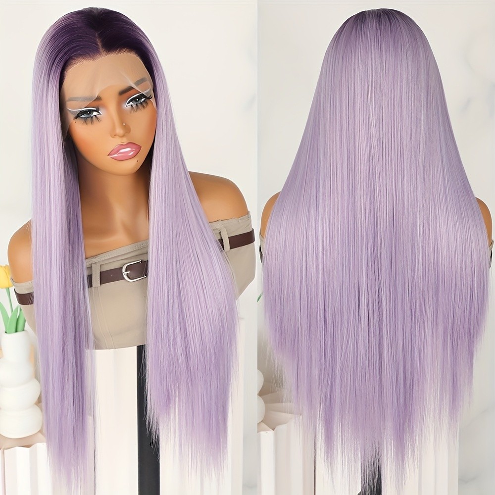 Ombre Purple Long Straight Hair Glueless Lace Front Wigs Free Part Women Party