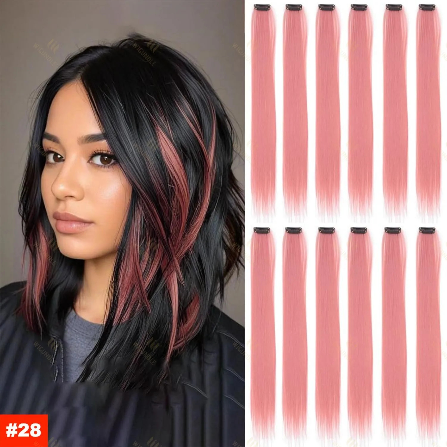 22Inch Synthetic Clip In Hair Extensions Straight Rainbow Colors High Temp