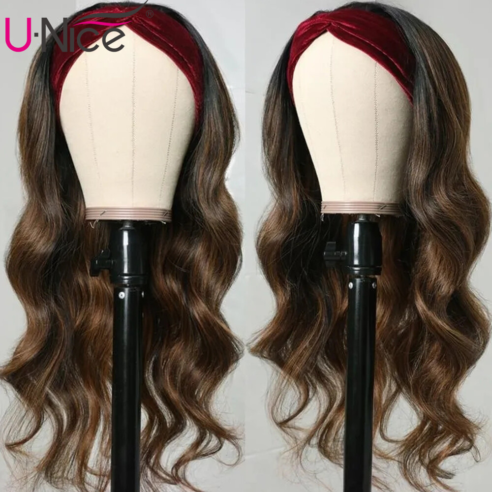 UNice Cambodian Ombre Highlight Balayage Brown Body Wave Headband Human Hair Wig