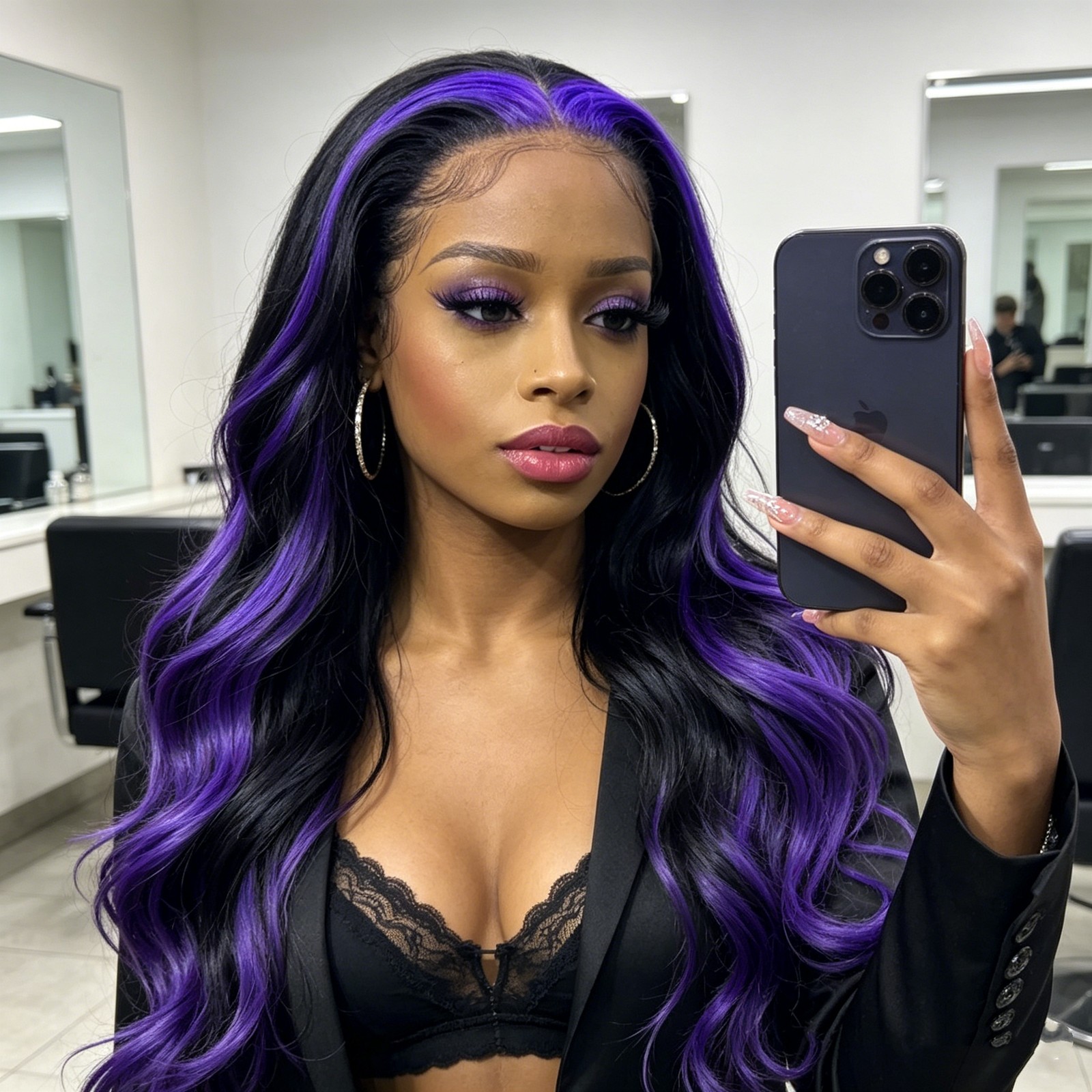 26″ Black with Purple Highlight Lace Front Wigs for Women Party Natural Hairline