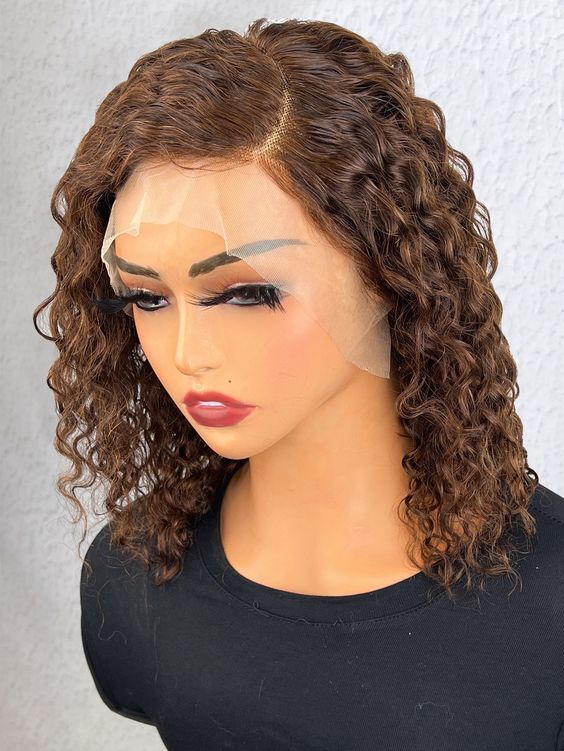 13×4 Water Wave Lace Front Human Hair Wigs Deep Curly Short Bob Wig Brown 130%