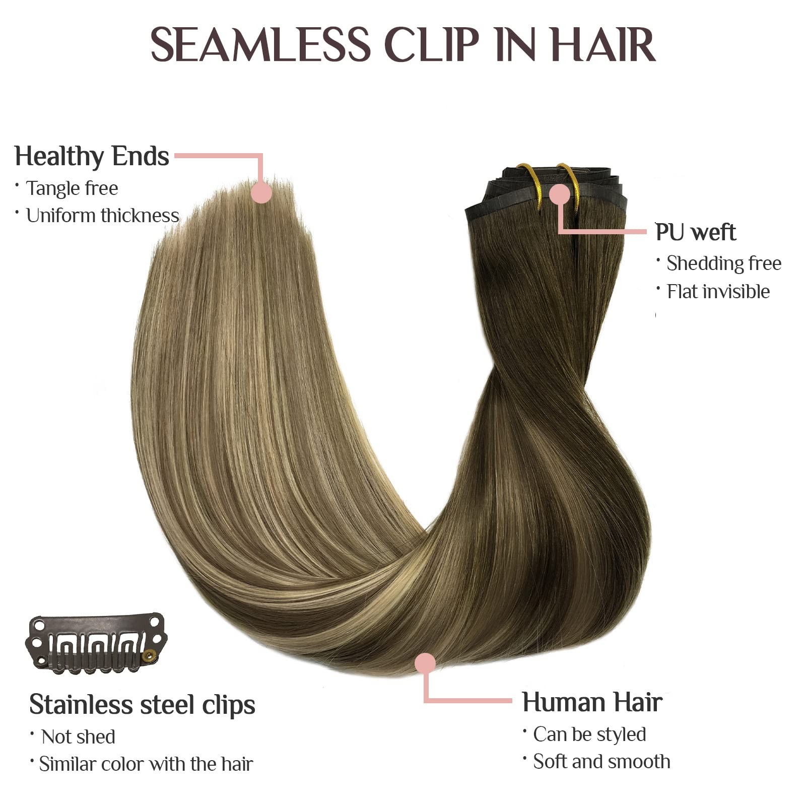 Seamless Hair Extensions Clip In 7Pcs 14 Inch 110G Balayage Walnut Brown To Ash
