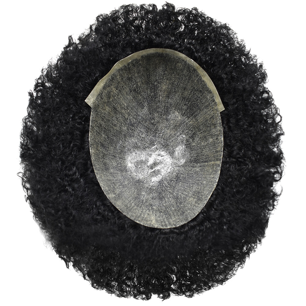 Mens Toupee Afro Curly Full Poly Skin African American Black Human Hairpiece