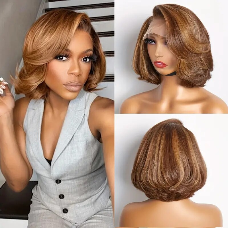 Brown Mix Blonde Bob Wig Layered Cut 200% Density Human Hair 13×4 Lace Front Wig